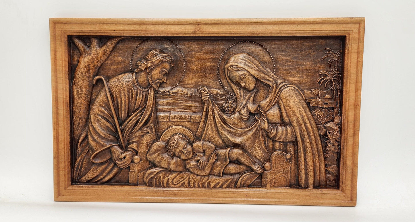 As seen on Hallmark - Mary and Joseph Christmas Carving Nativity Wood Wall Hanging Decor Personalized Holy Christian Art Gift Ideas